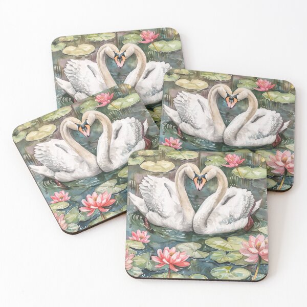 Item preview, Vintage Watercolor Swans in Love with Pink Water Lilies Illustration designed and sold by RaisingRosesArt.