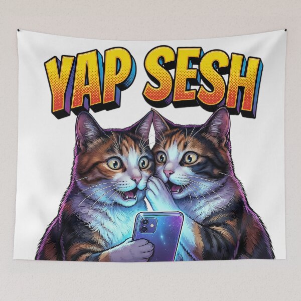 Item preview, Yap Sesh Funny Cats Gossiping On Phone Meme designed and sold by DigitalAnnaBanana.