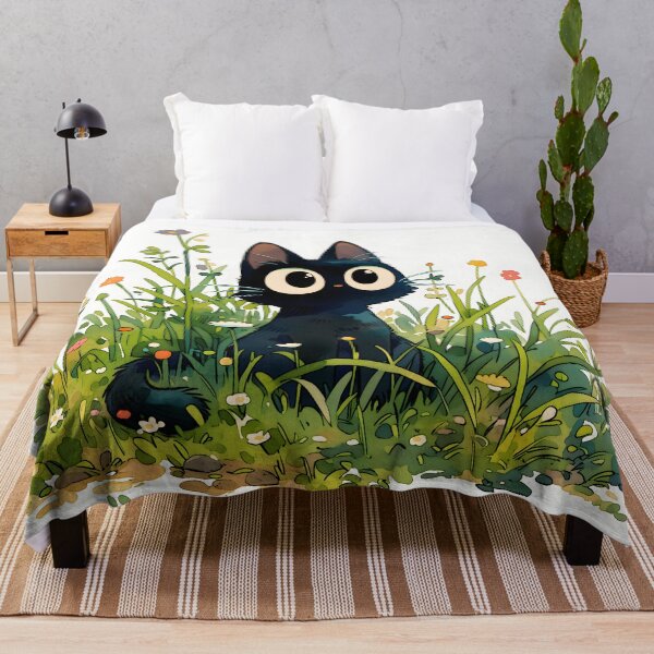 Item preview, Curious Kawaii Black Cat Sitting in Botanical Spring Wildflower Garden designed and sold by AshiraCreations.