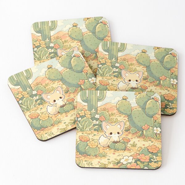 Item preview, Kawaii Fennec Fox in Flowering Desert Garden with Prickly Pear Cactus designed and sold by AshiraCreations.