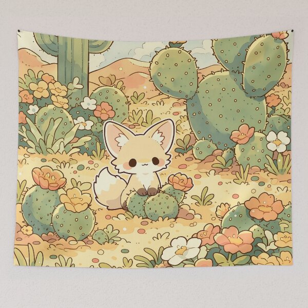 Item preview, Kawaii Fennec Fox in Flowering Desert Garden with Prickly Pear Cactus designed and sold by AshiraCreations.