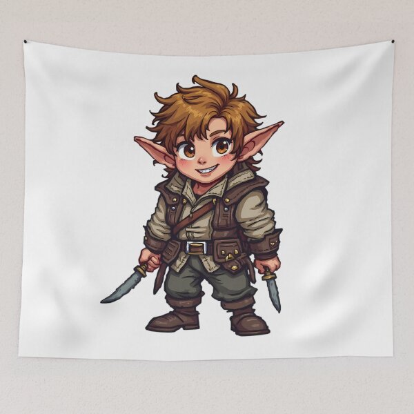 Item preview, cheerful young elf playful smile adventure daggers art designed and sold by ART ATTACK ZONE.