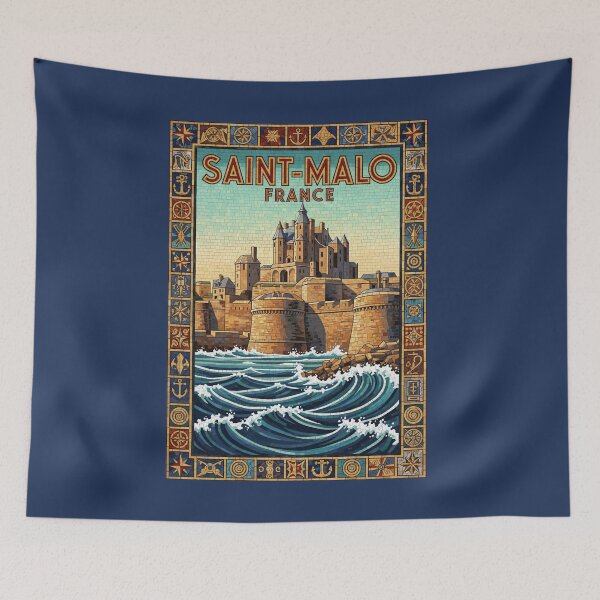 Item preview, Saint-Malo France Walled City Mosaic - Vintage Coastal Travel Poster designed and sold by FrancophileFun.