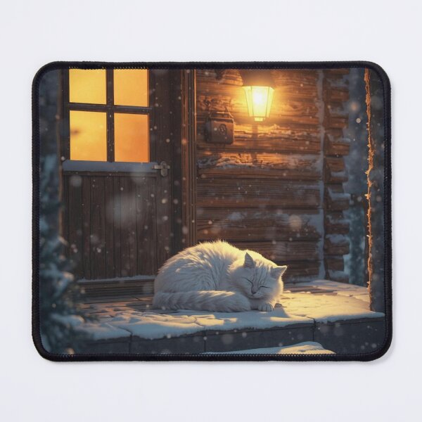 Item preview, White Cat Snowy Cabin Porch T-Shirt | Winter Camping Cozy Cat Art designed and sold by Falconwolf.