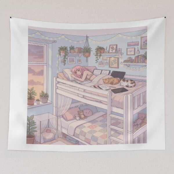 Item preview, Cozy Cat Lover Bedroom Illustration at Sunset designed and sold by AbstractAuraArt.