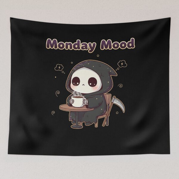 Item preview, MONDAY MOOD adorable kawaii style grim reaper having coffee captures universal Monday struggle designed and sold by Jt41.