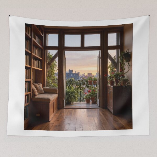 Item preview, Cozy Window View with Plants at Sunset designed and sold by AbstractAuraArt.