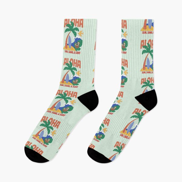 Item preview, Aloha minimal flat vector design with palm tree, surfboard, wave, tropical leaf, bird, and coconut drink designed and sold by AtonuHaque.