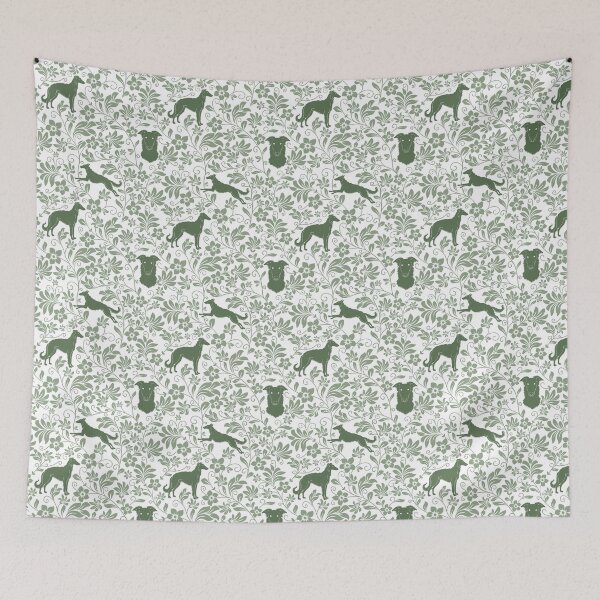 Item preview, Borzoi Dog Silhouettes with Victorian Floral Seamless Pattern in Green designed and sold by WildLakePatterns.