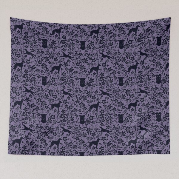 Item preview, Borzoi Dog Silhouettes with Victorian Floral Seamless Pattern in Purple designed and sold by WildLakePatterns.