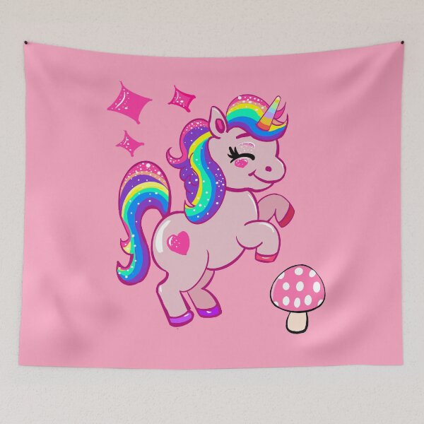 Item preview, Pink Unicorn & Rainbow Mane with Polka Dot Mushroom - Whimsical Fantasy Art designed and sold by Artonmytee.
