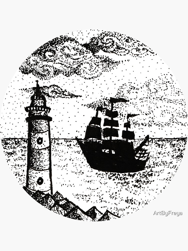 Thumbnail 3 of 3, Sticker, Lighthouse and Ship designed and sold by ArtByFreya.