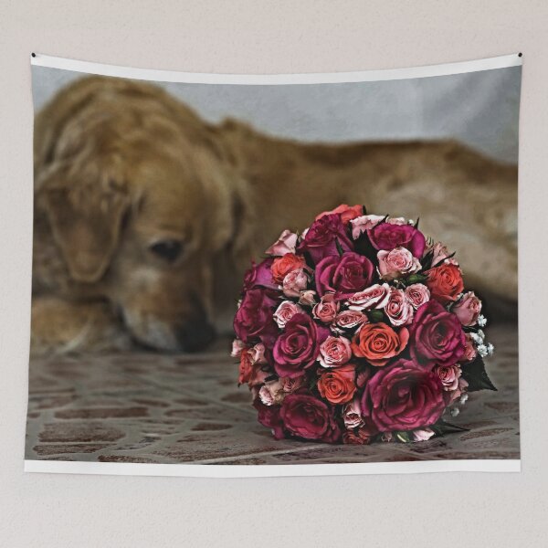 Item preview, A bouquet of flowers and a retriever in the background designed and sold by NoxLand.