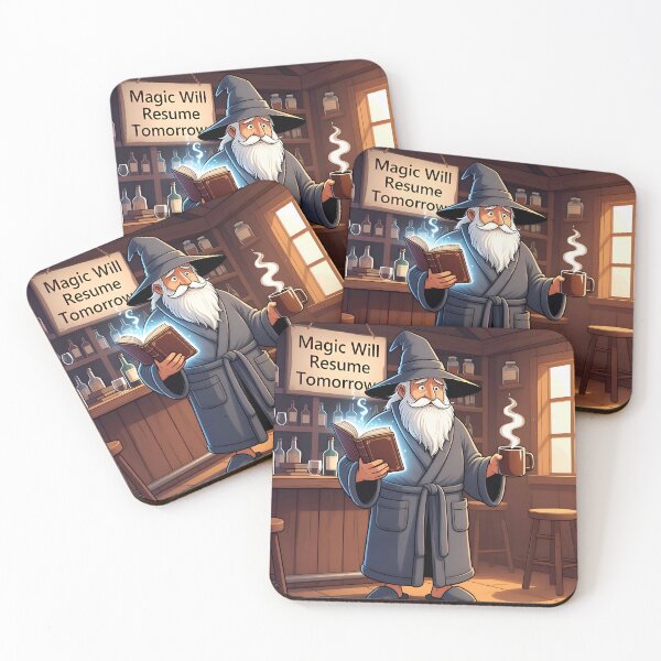 Item preview, Tired Wizard Holding Coffee Mug and Magic Spell Book designed and sold by LowBattery Social Club.