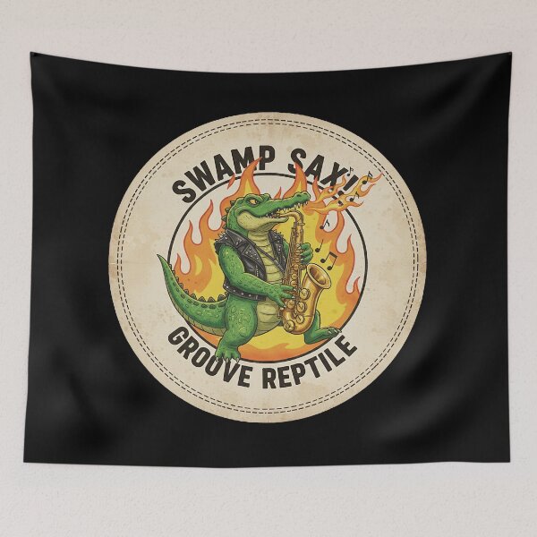 Item preview, Rockstar Crocodile Playing Saxophone with Fire and Flames Illustration designed and sold by ART-POD-PL.
