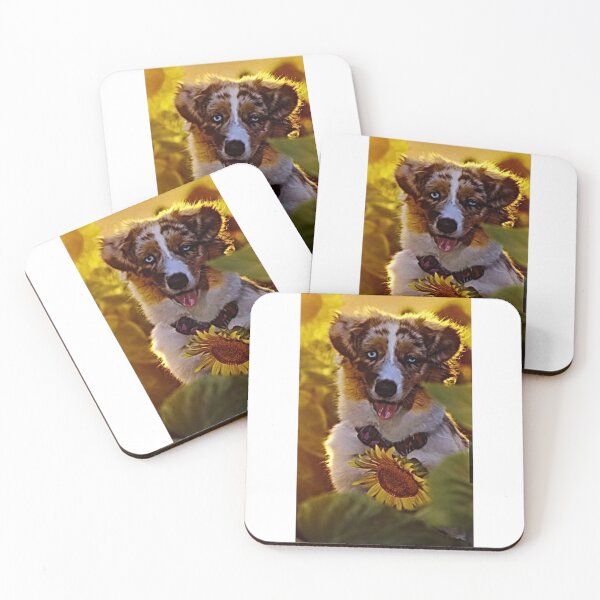 Item preview, Adorable Australian Shepherd Puppy Surrounded by Sunflowers designed and sold by NoxLand.
