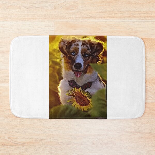 Item preview, Adorable Australian Shepherd Puppy Surrounded by Sunflowers designed and sold by NoxLand.