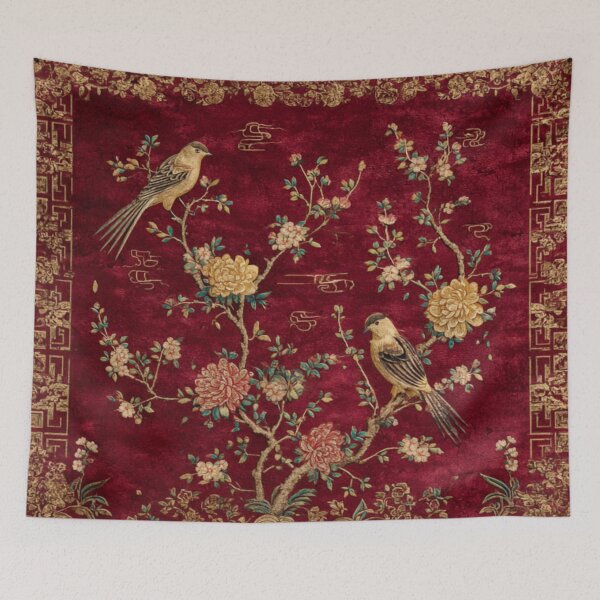 Item preview, Dark Red Chinese Silk Floral Birds Carpet designed and sold by GrinGalore.