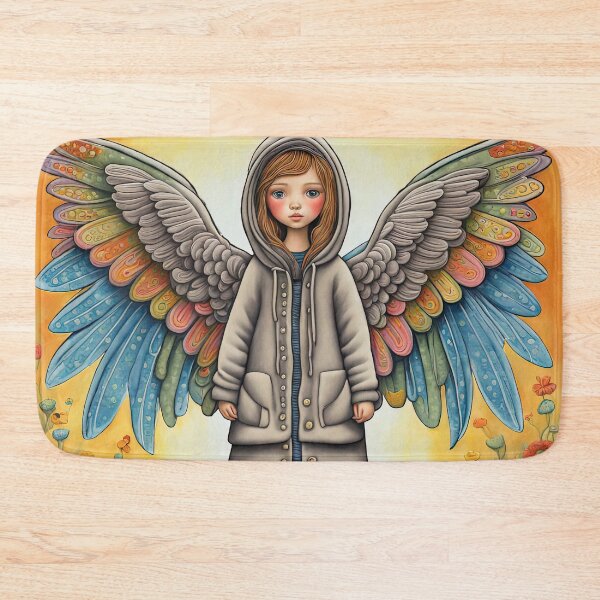 Item preview, Angel with wings wearing a hoodie trying on a new pair of wellington boots designed and sold by Colin Bentham.