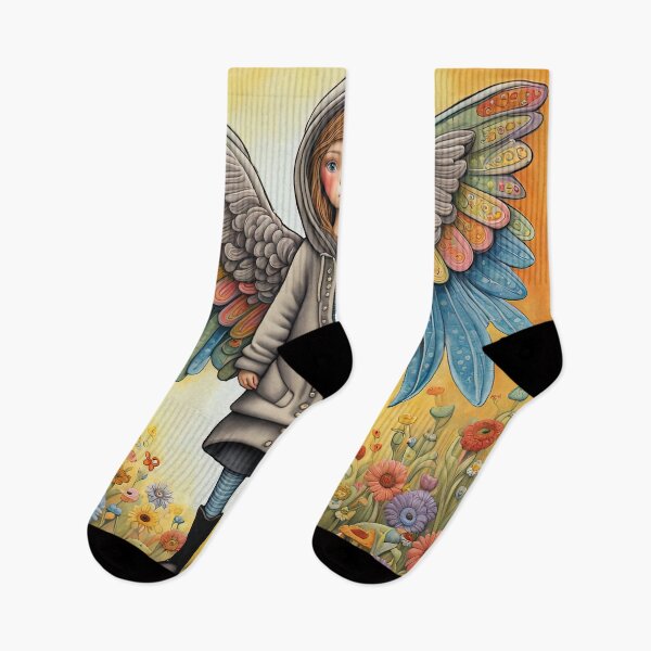 Item preview, Angel with wings wearing a hoodie trying on a new pair of wellington boots designed and sold by Colin Bentham.