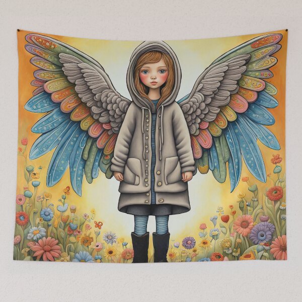 Item preview, Angel with wings wearing a hoodie trying on a new pair of wellington boots designed and sold by Colin Bentham.