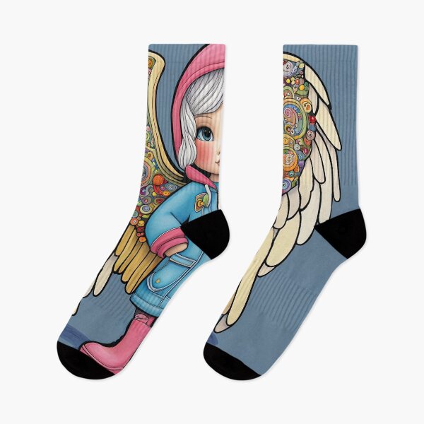 Item preview, Angel with wings wearing a hoodie trying on a new pair of wellington boots designed and sold by Colin Bentham.