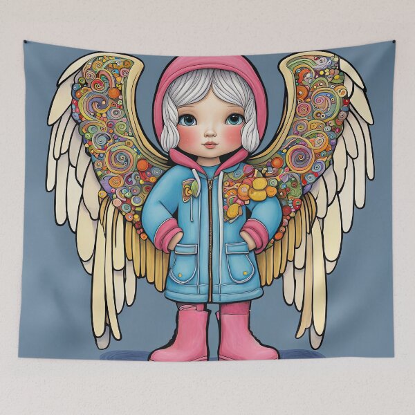 Item preview, Angel with wings wearing a hoodie trying on a new pair of wellington boots designed and sold by Colin Bentham.
