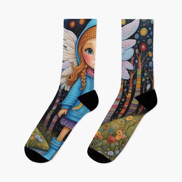 Item preview, Angel with wings wearing a hoodie trying on a new pair of wellington boots designed and sold by Colin Bentham.