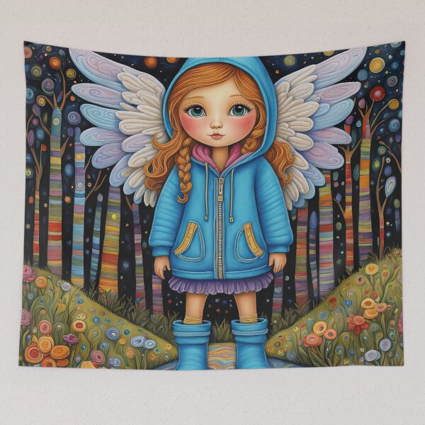 Item preview, Angel with wings wearing a hoodie trying on a new pair of wellington boots designed and sold by Colin Bentham.