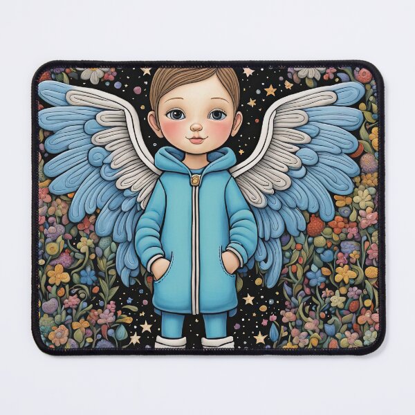 Item preview, Angel with wings wearing a hoodie trying on a new pair of wellington boots designed and sold by Colin Bentham.