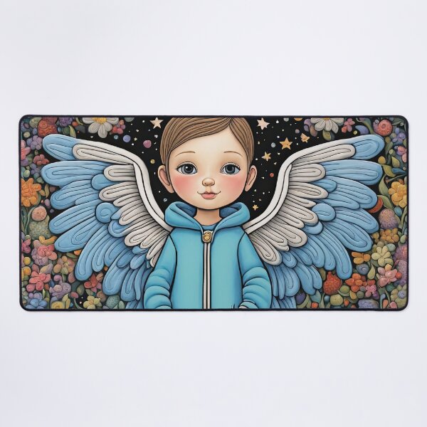 Item preview, Angel with wings wearing a hoodie trying on a new pair of wellington boots designed and sold by Colin Bentham.