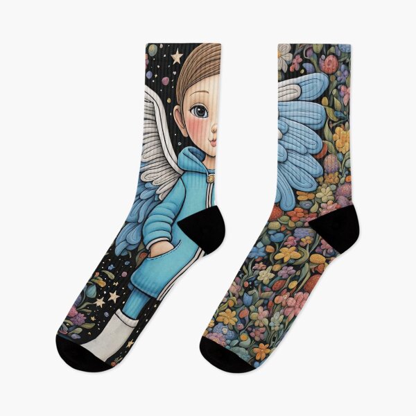Item preview, Angel with wings wearing a hoodie trying on a new pair of wellington boots designed and sold by Colin Bentham.