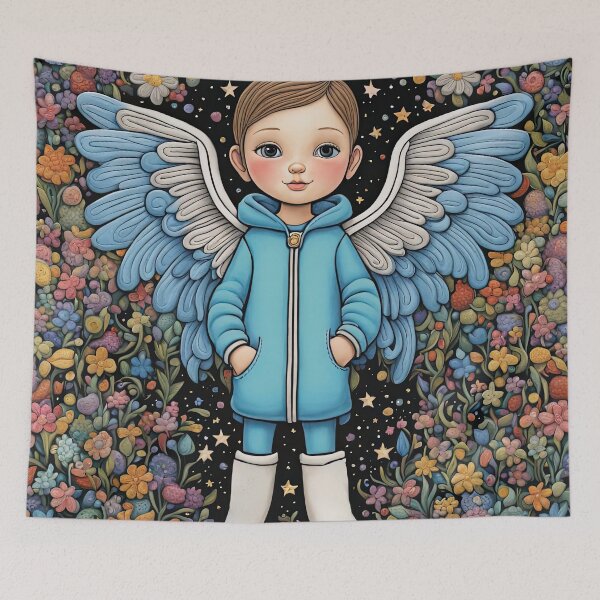 Item preview, Angel with wings wearing a hoodie trying on a new pair of wellington boots designed and sold by Colin Bentham.