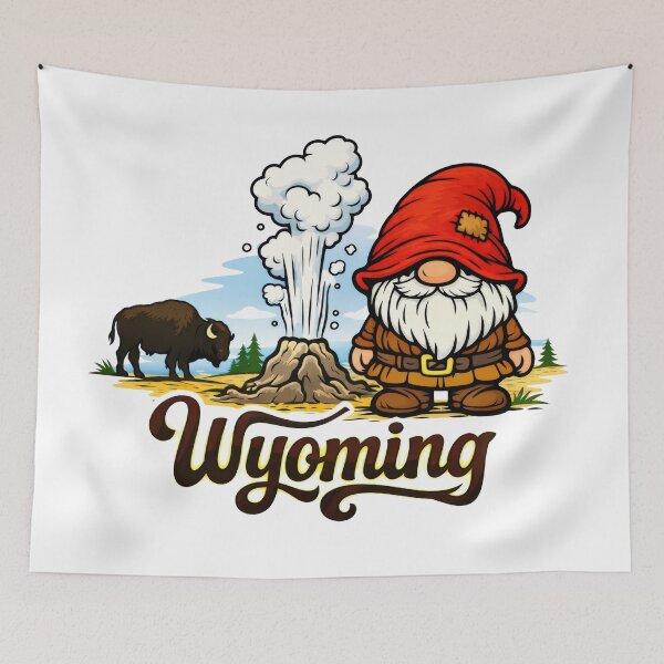 Item preview, Wyoming Gnome at Geyser with Bison Illustration designed and sold by Moriarty's Digital Visions.