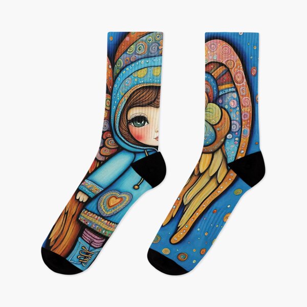 Item preview, Angel with wings wearing a hoodie trying on a new pair of wellington boots designed and sold by Colin Bentham.