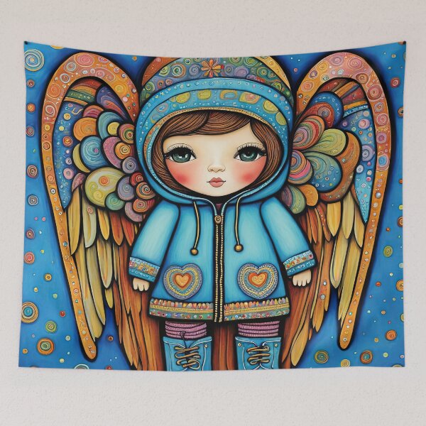 Item preview, Angel with wings wearing a hoodie trying on a new pair of wellington boots designed and sold by Colin Bentham.