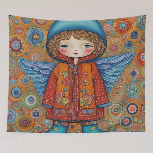 Item preview, Angel with wings wearing a hoodie trying on a new pair of wellington boots designed and sold by Colin Bentham.