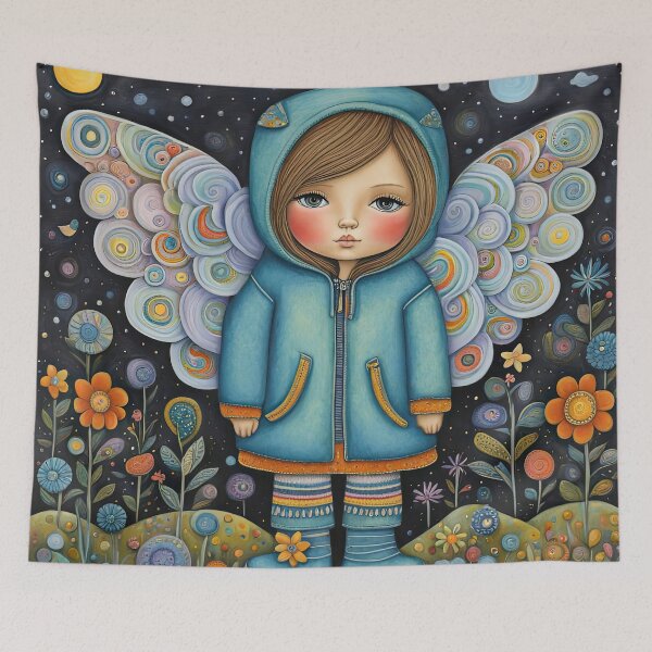 Item preview, Angel with wings wearing a hoodie trying on a new pair of wellington boots designed and sold by Colin Bentham.