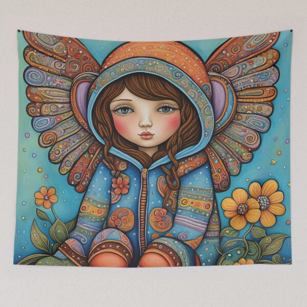 Item preview, Angel with wings wearing a hoodie trying on a new pair of wellington boots designed and sold by Colin Bentham.