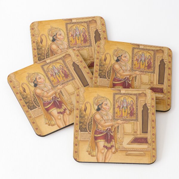 Item preview, This traditional Indian miniature painting depicts the devoted monkey god Hanuman presenting a framed image of Lord Rama, his wife Sita, and brother Lakshmana within an ornate temple structure designed and sold by rajeshbac.