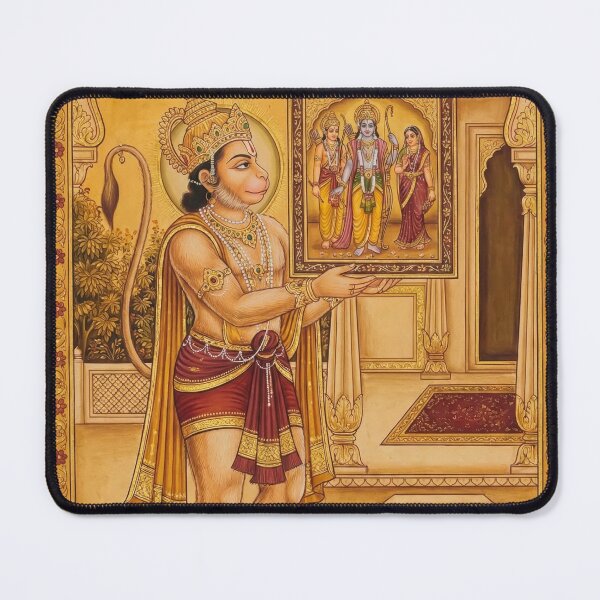 Item preview, This traditional Indian miniature painting depicts the devoted monkey god Hanuman presenting a framed image of Lord Rama, his wife Sita, and brother Lakshmana within an ornate temple structure designed and sold by rajeshbac.