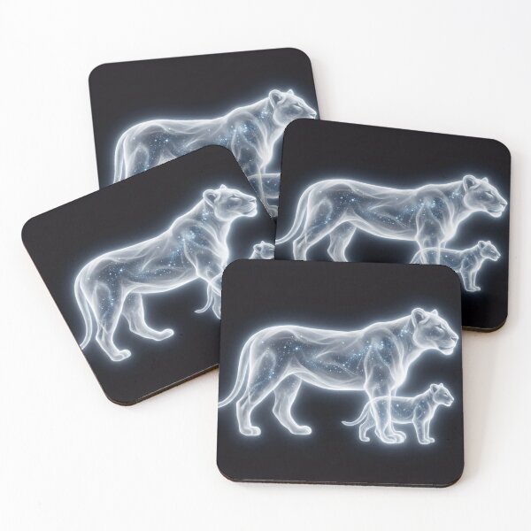 Item preview, A mother lion and her cub appear as glowing, translucent figures composed of cosmic dust and stars against a dark void designed and sold by rajeshbac.