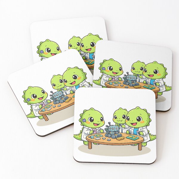 Item preview, Cute Kawaii Dinosaur Scientists Building Robot Cartoon designed and sold by MeeraArts&Crafts.