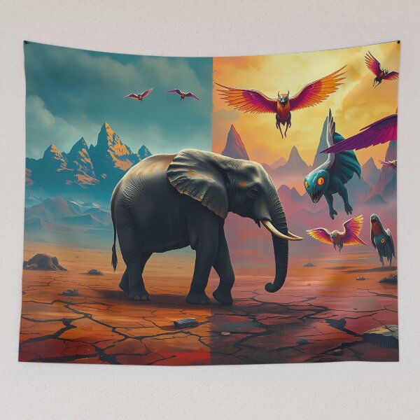 Item preview, Elephant with Colorful Birds and Mountains designed and sold by cuprum.
