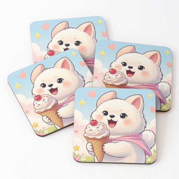 Item preview, Kawaii White Puppy Eating Ice Cream Cone – Cute Pastel Dessert Dog Aesthetic Furfolkz Style designed and sold by Furfolkz.