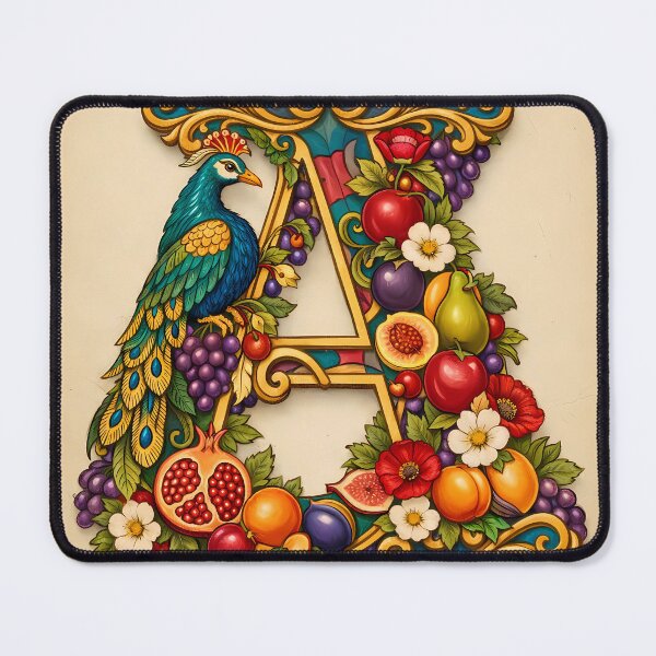 Item preview, Illuminated Letter A - Ornamental Peacock and Exotic Fruits Art designed and sold by Dreamy Armine Art.