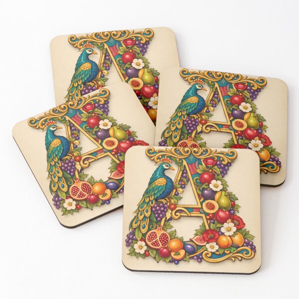 Item preview, Illuminated Letter A - Ornamental Peacock and Exotic Fruits Art designed and sold by Dreamy Armine Art.
