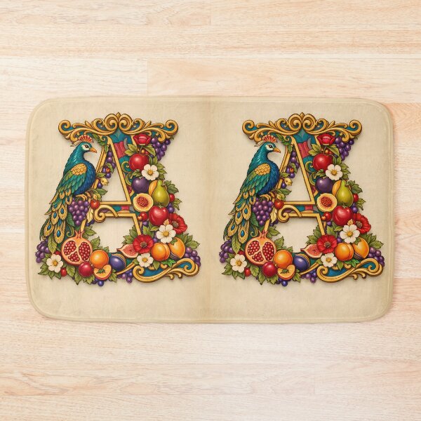 Item preview, Illuminated Letter A - Ornamental Peacock and Exotic Fruits Art designed and sold by Dreamy Armine Art.