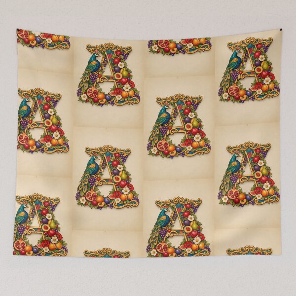 Item preview, Illuminated Letter A - Ornamental Peacock and Exotic Fruits Art designed and sold by Dreamy Armine Art.