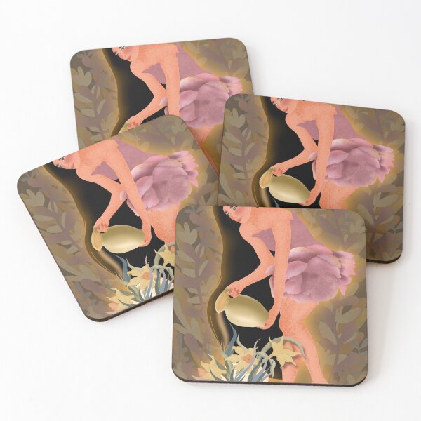 Item preview, A woman with long dark hair holds a jug in her hands and waterjus daffodils growing from a skull. designed and sold by Grin Katalina Floral Patterns & Cozy Art.